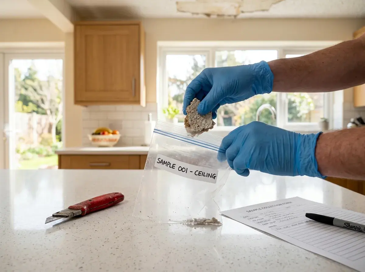 Taking a popcorn ceiling sample for asbestos lab testing