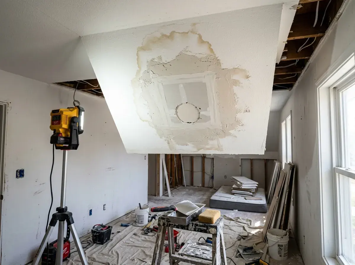 Patching ceiling drywall before a smooth finish in a Charleston, SC home