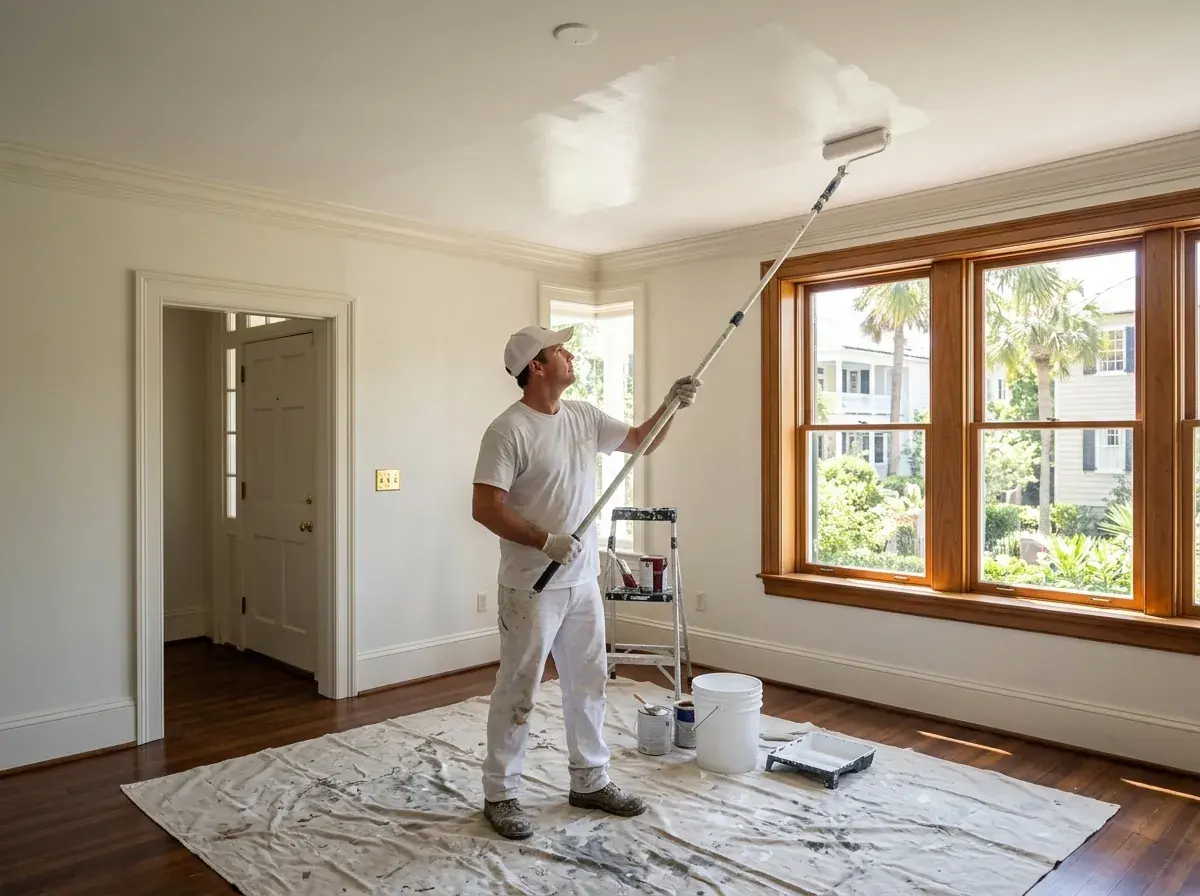 Rolling fresh paint onto a smooth ceiling