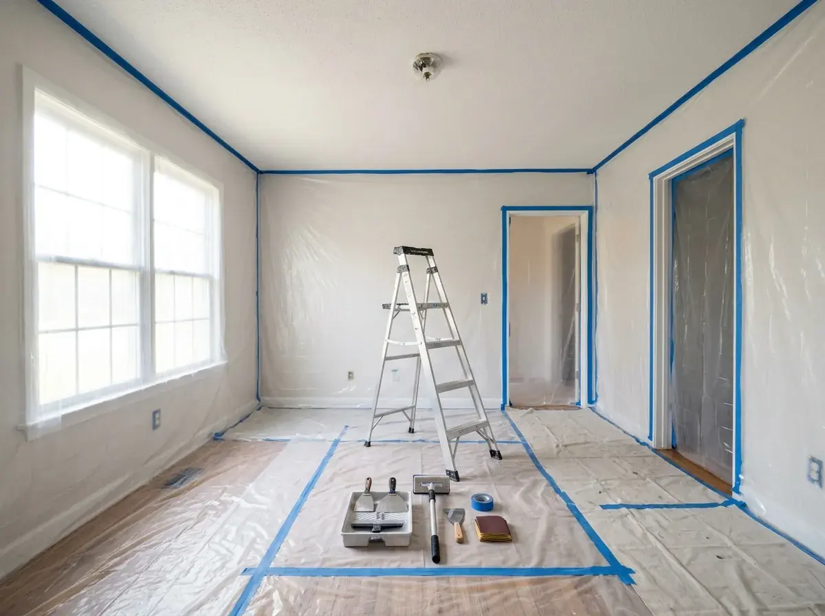 Room prepared with plastic containment for popcorn ceiling removal