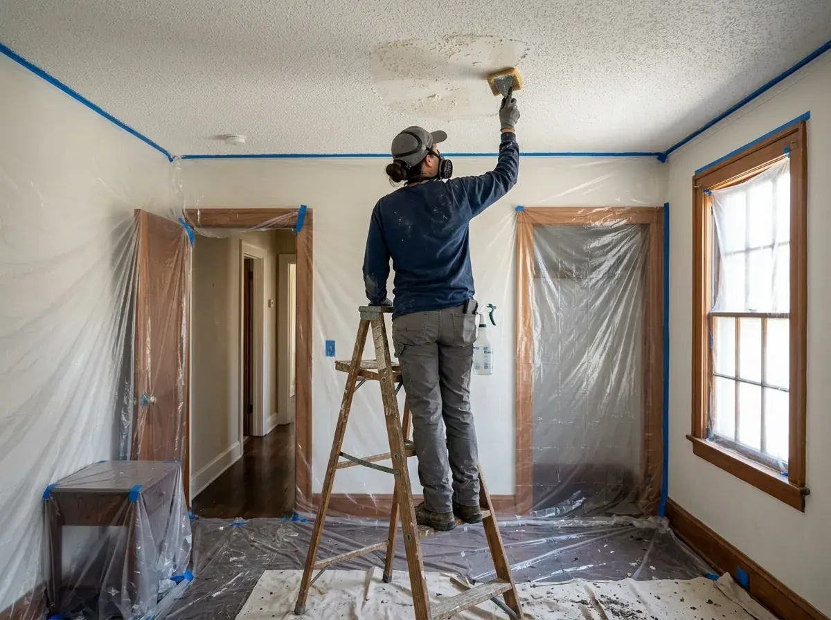 Wet-scraping popcorn texture from a ceiling in a Charleston home